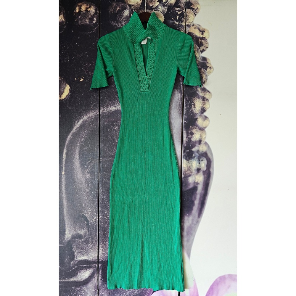 Caroline Constas Green Ribbed Knit Crochet Collar V-Neck Long Dress Womens S